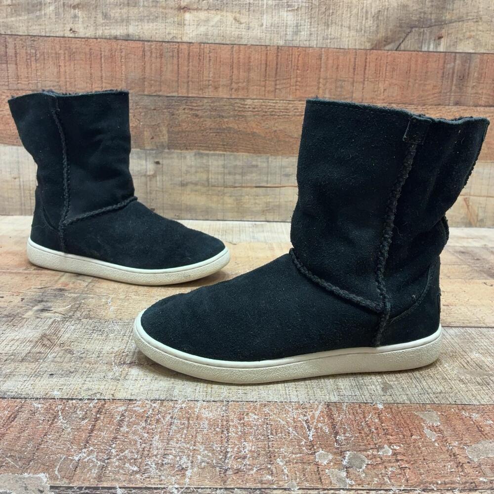 UGG Boots Womens Size 6 37 Black Suede Shearling Mid Calf Sneaker Sole Winter